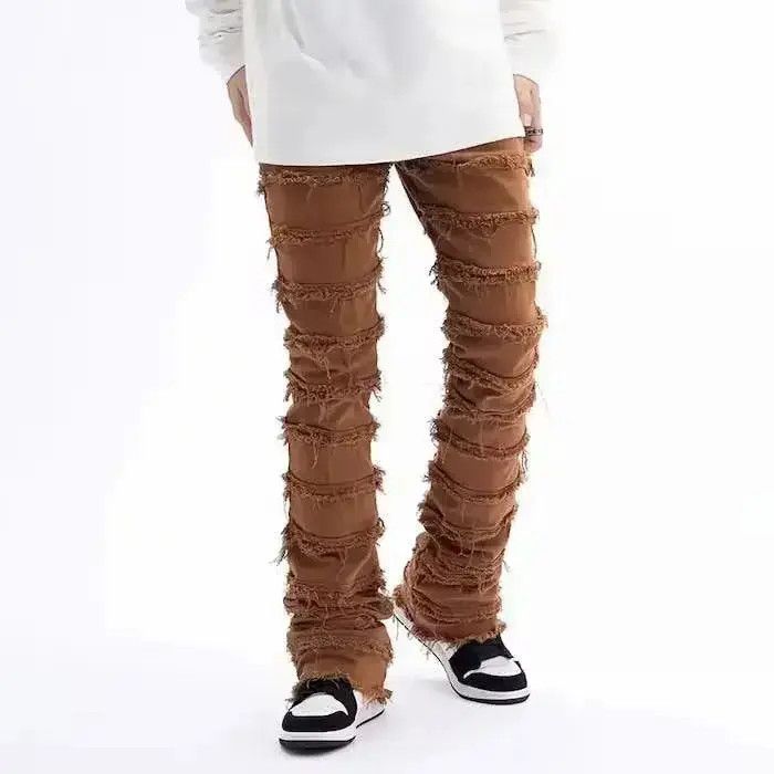 Japanese Brand Brown Striped Tassel Frayed Straight Baggy Jeans Pants Size US 32 / EU 48 - 1 Thumbnail