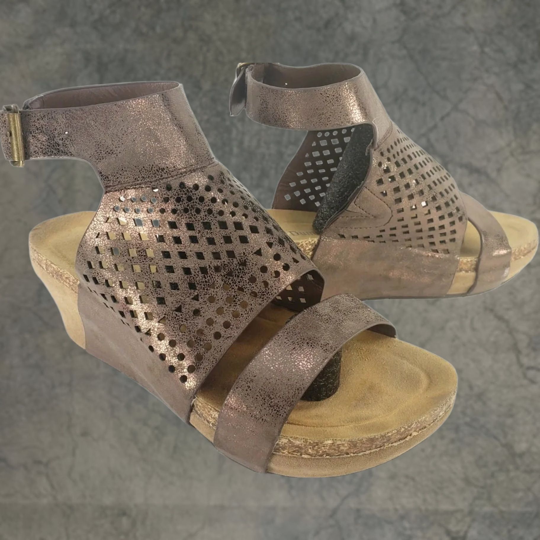 Vintage Pierre Dumas Women's 7 Ankle Strap Wedge Copper Metallic Perforated Peep Sandals Size US 7 / IT 37 - 1 Thumbnail