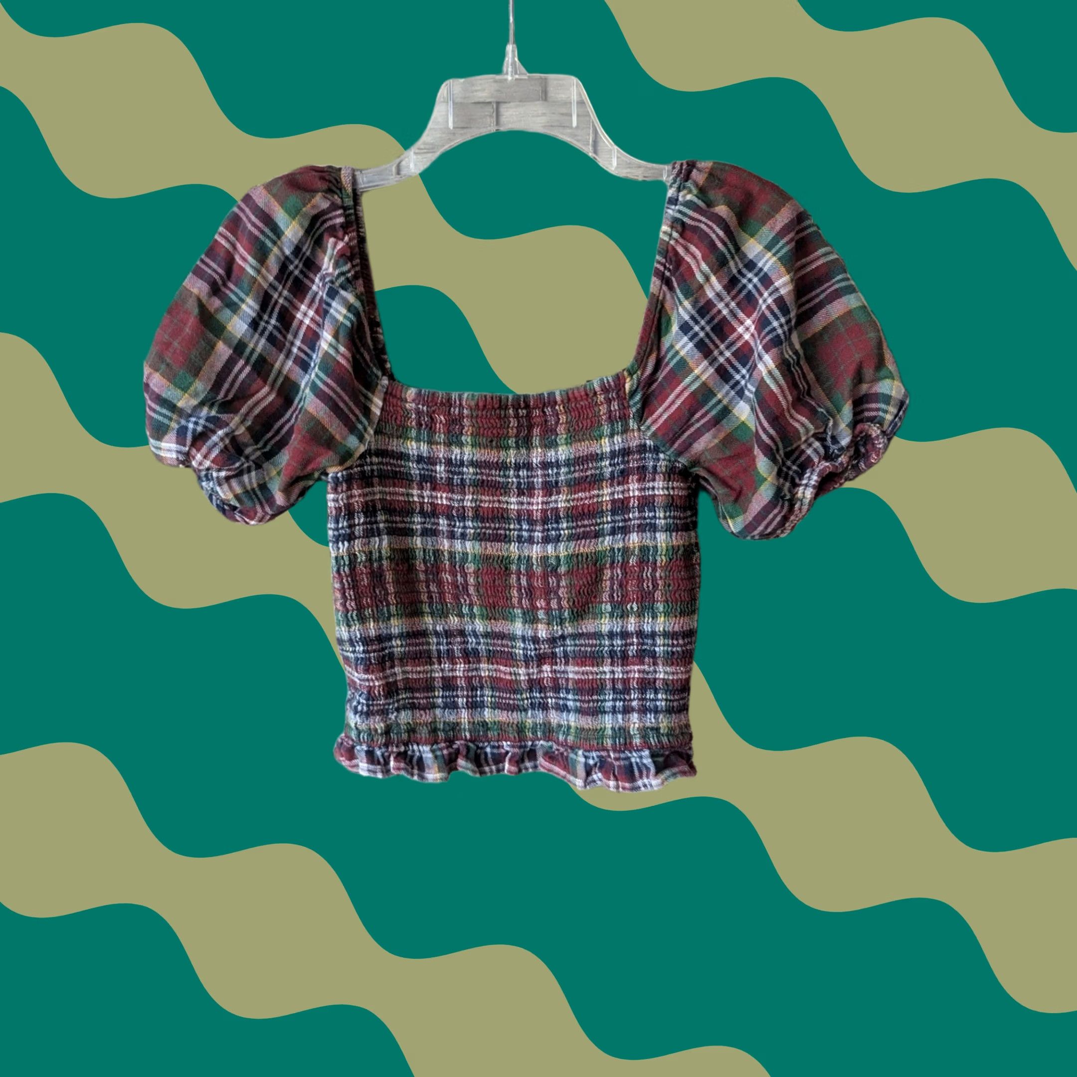 American Eagle Outfitters American Eagle Red Blue Plaid Crop Top Smocked Puff Sleeve Ruffle Sz S *Fits XS Size S / US 4 / IT 40 - 1 Thumbnail