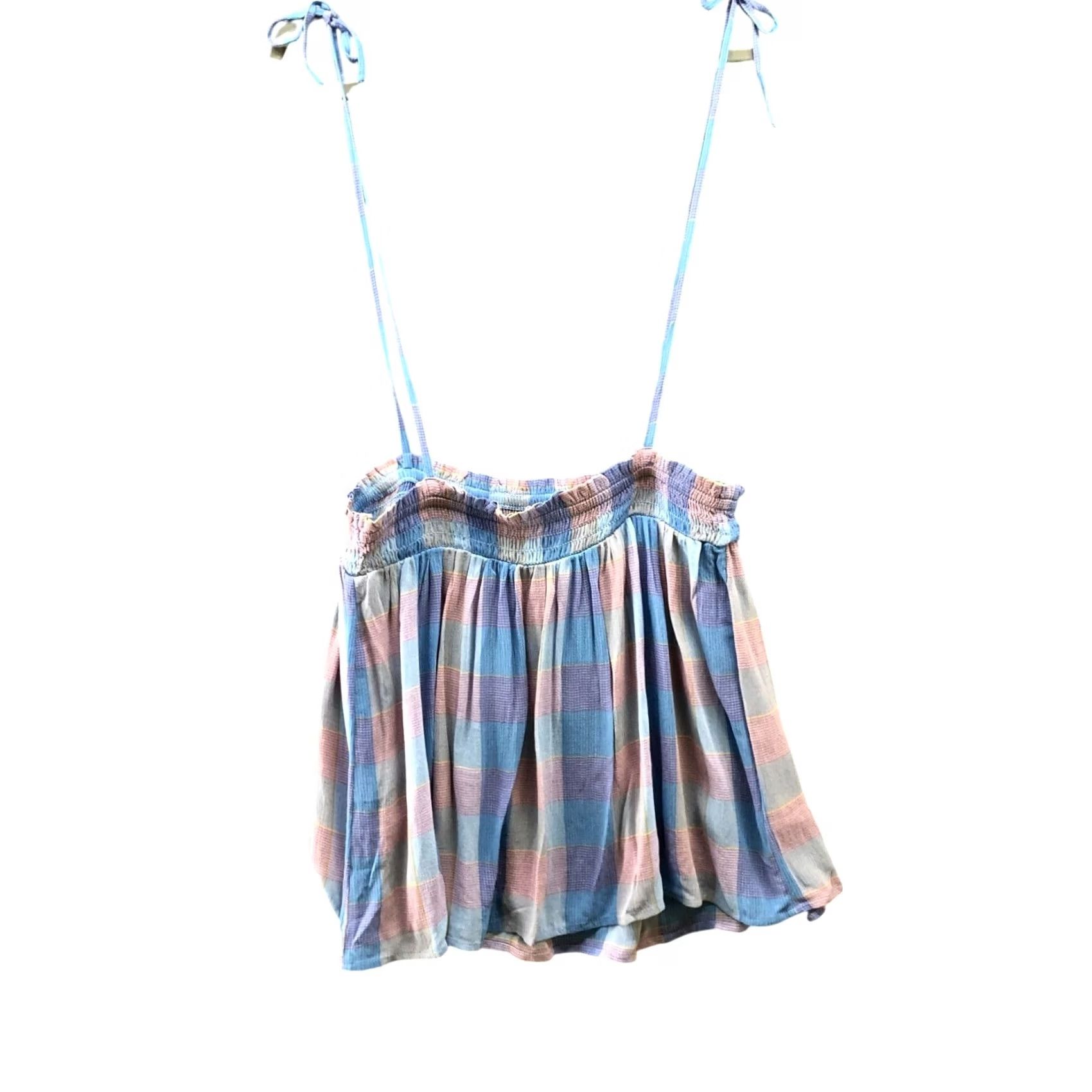 Loft NWT Loft Tie Strap Cami Top Womens MP Smocked Plaid Blue Rayon Tank Camisole Beach Holiday Summer Size M / US 6-8 / IT 42-44 - 2 Thumbnail