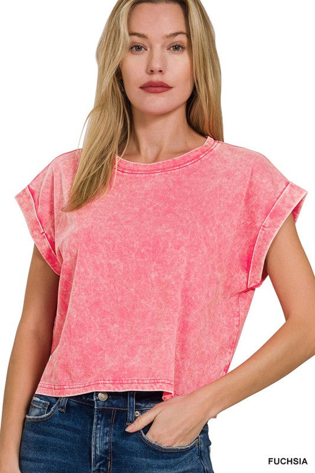 Other Acid Wash Cotton Folded Sleeve Top Zenana Size S / US 4 / IT 40 - 3 Thumbnail