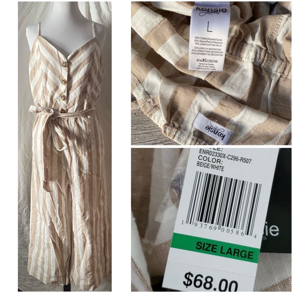 Nordstrom Kensie Jeans, Tan & Cream, Wide Leg, Striped Linen Jumper Size 34" / US 12 / IT 48 - 7 Thumbnail