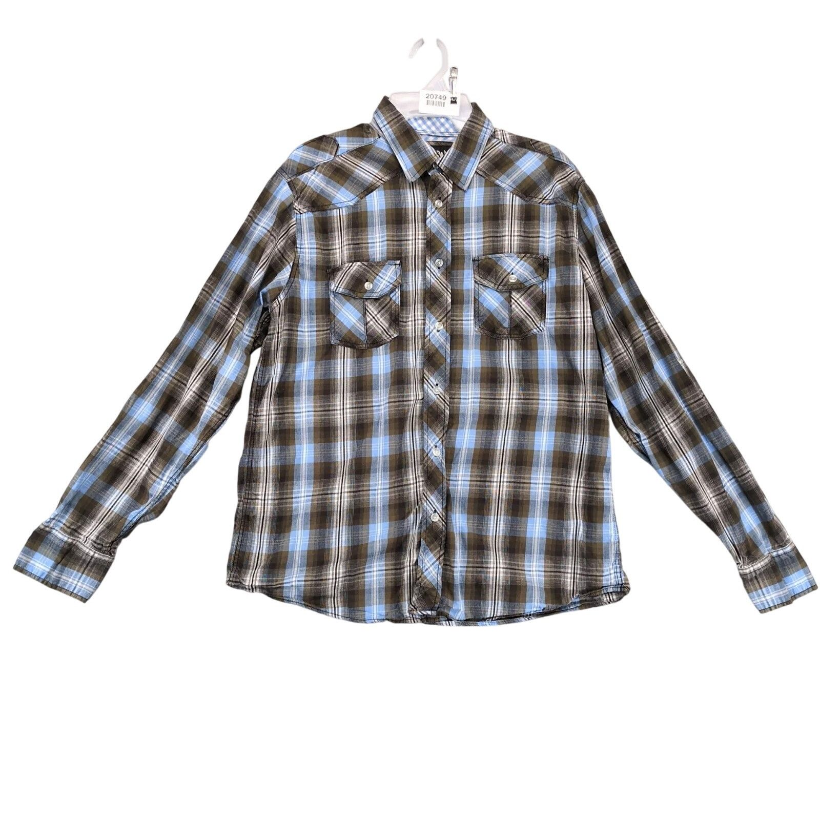 Carbon Carbon Blue Brown Plaid Cotton Button Up Shirt Men's L Size US L / EU 52-54 / 3 - 1 Thumbnail