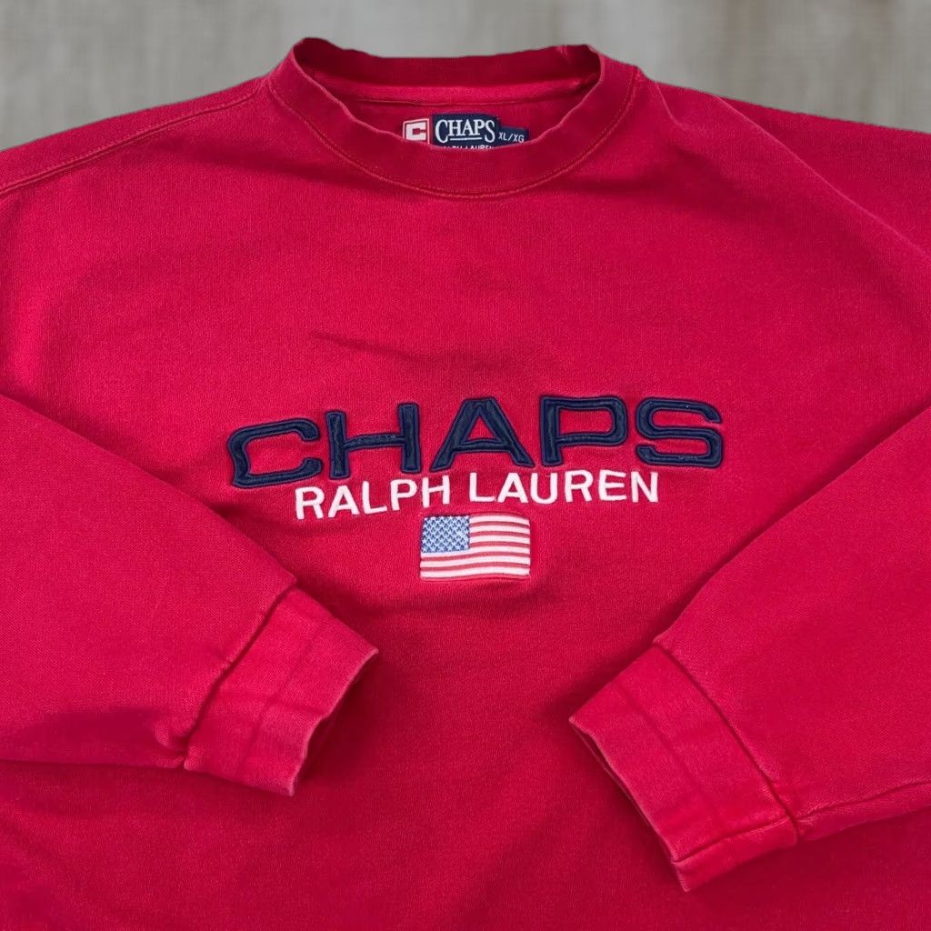 Chaps VINTAGE Chaps Sweatshirt Men XL Red USA Flag Spell Out Shirt Pullover Crew Neck Buttoned Heavyweight Classic USA Mens XL Red Size US XL / EU 56 / 4 - 1 Thumbnail