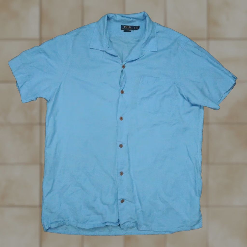 Polo Ralph Lauren VINTAGE Polo Ralph Lauren Shirt Mens XL Blue Short Sleeve Linen Classic Fit Camp Collar Size US XL / EU 56 / 4 - 1 Thumbnail