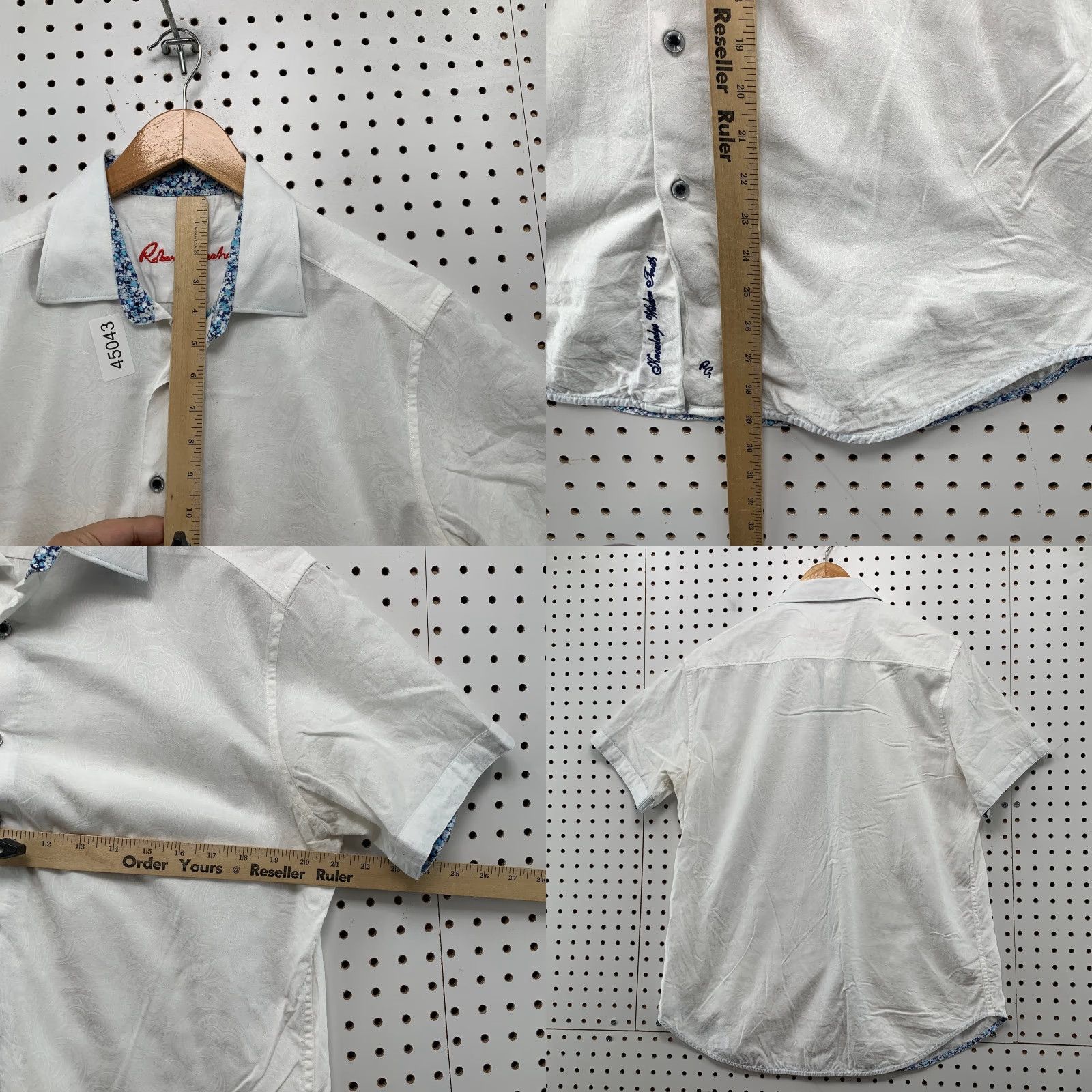 Robert Graham Robert Graham Button Shirt Mens Medium White Blue Floral Trim Short Sleeve Shirt Mens White Floral Button-Up Size US M / EU 48-50 / 2 - 8 Thumbnail