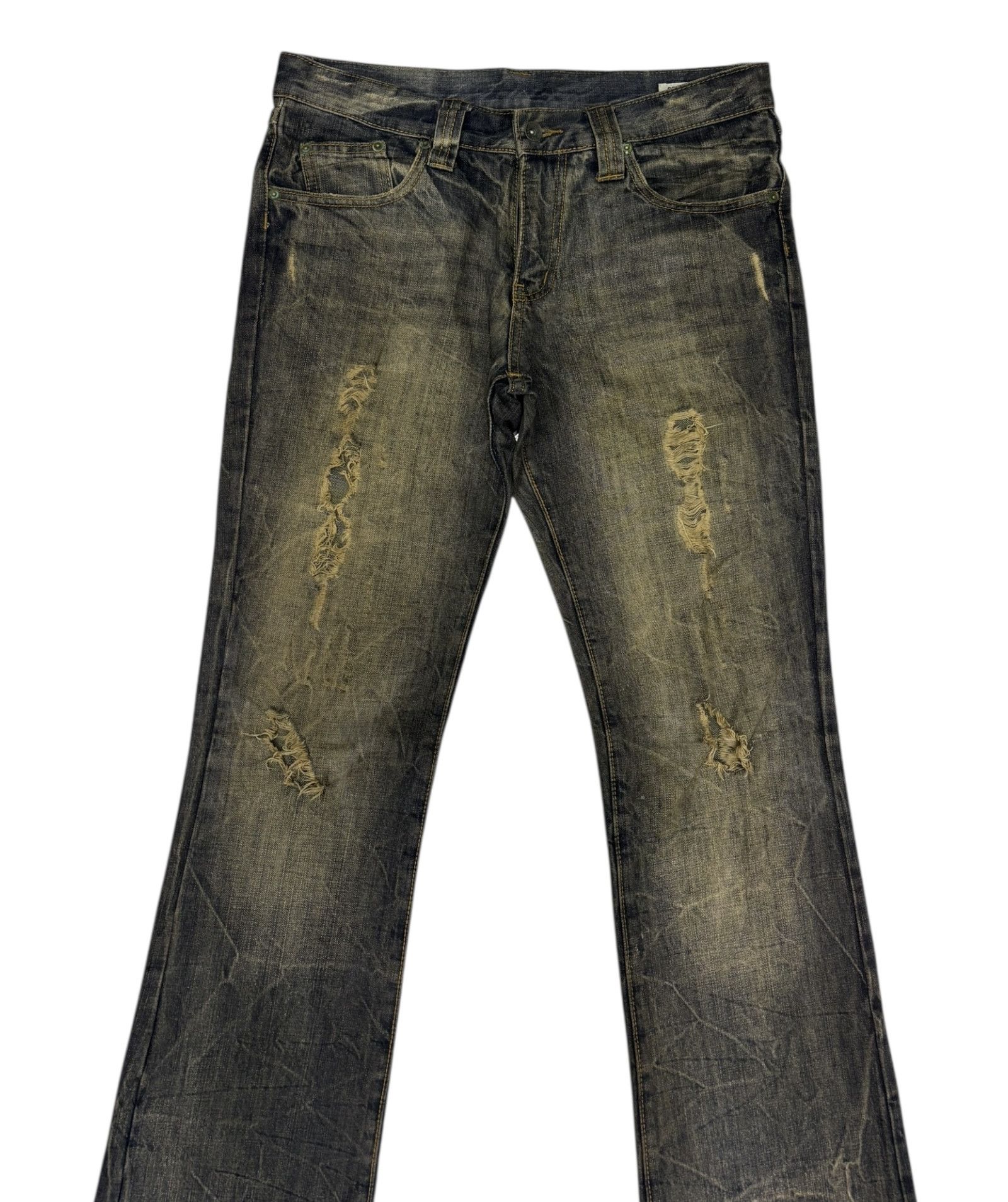 14th Addiction × KMRii × semanticdesign SEMANTIC DESIGN RUSTY MUD WASH FLARE JEAN DISTRESSED DENIM Size US 33 - 6 Thumbnail