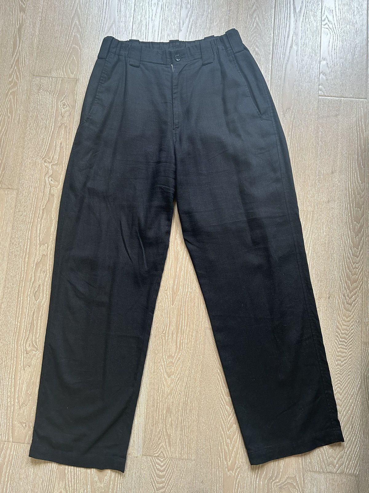 image of Yohji Yamamoto Pour Homme Stretchable Wrist Linen Trousers in Black, Men's (Size 31)