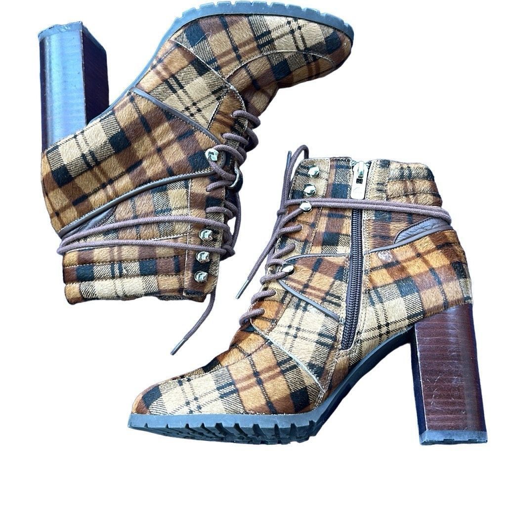 image of Antonio Melani Grayciee Plaid Calf Hair Leather Animal Print Shoes in Tan, Women's (Size 7)