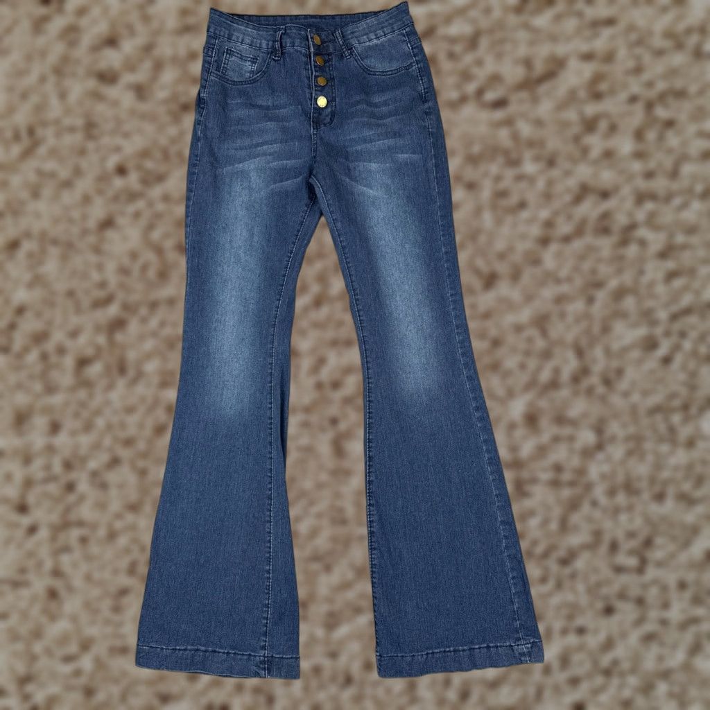 Vintage Jeans Womens 27 Blue Denim Flared Button Flu Mid Rise Cotton Blend 27x31 Size 27" / US 4 / IT 40 - 1 Thumbnail