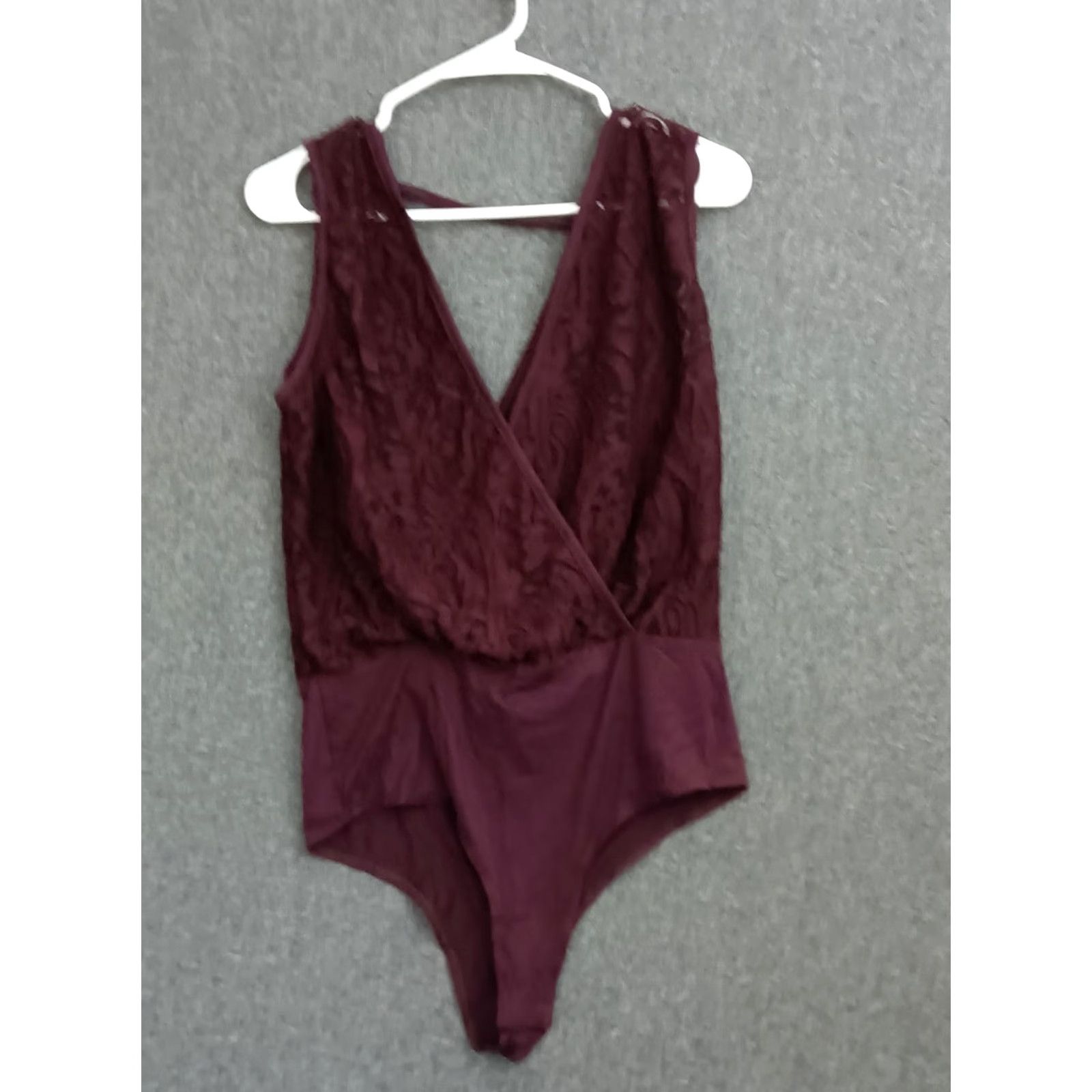 Vintage MAGIA Bodysuit Women's L Dark Red Wine Lace V-Neck One Size Slimming, Stretch Size ONE SIZE - 2 Thumbnail