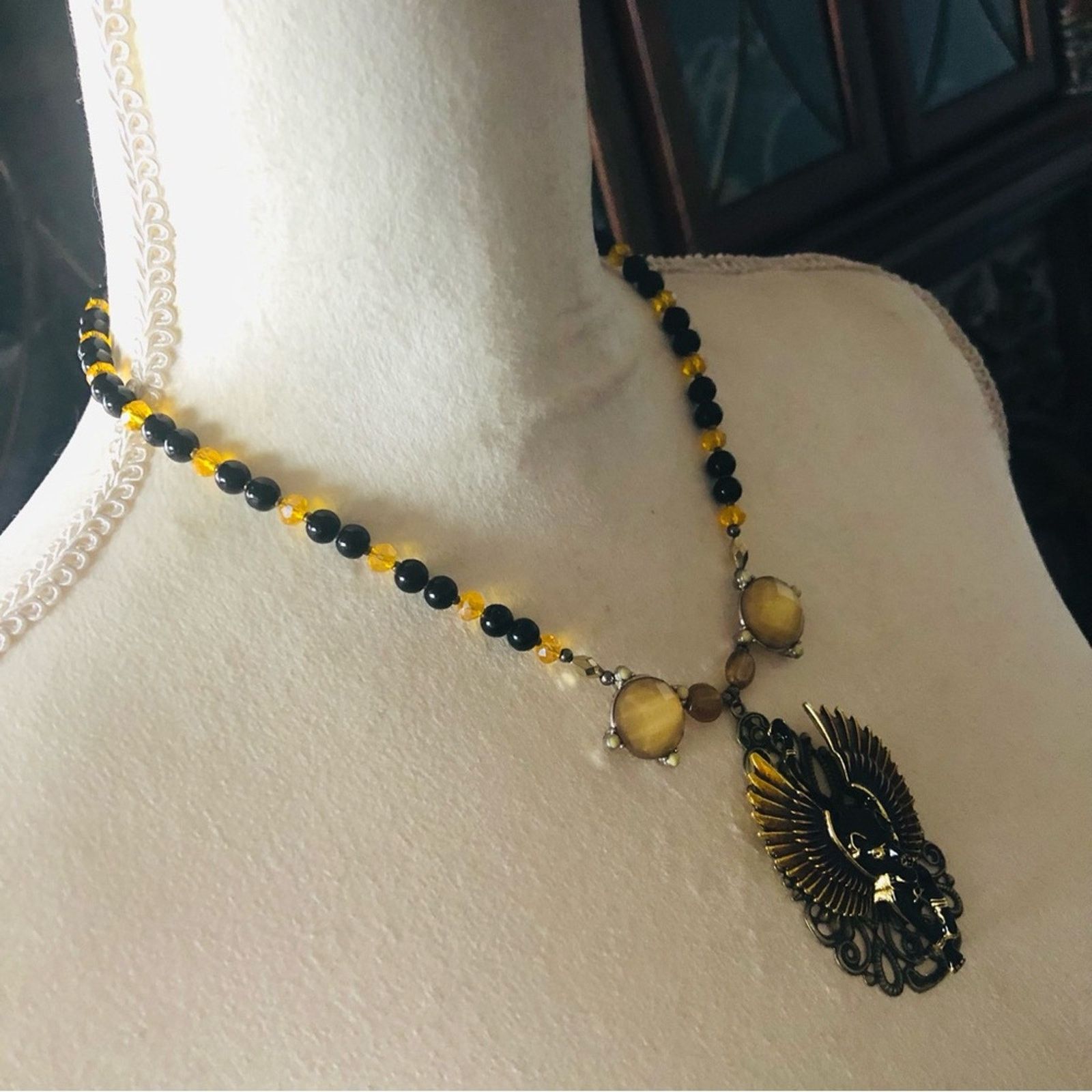 Handmade Handcrafted repurpose enamel Egyptian cat Pearl necklace Size ONE SIZE - 3 Thumbnail