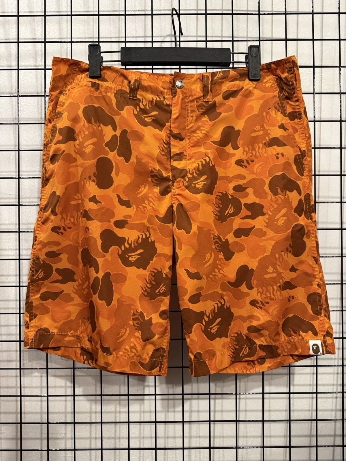Bathing Ape Camouflage Board Shorts Red Orange Head Flames
