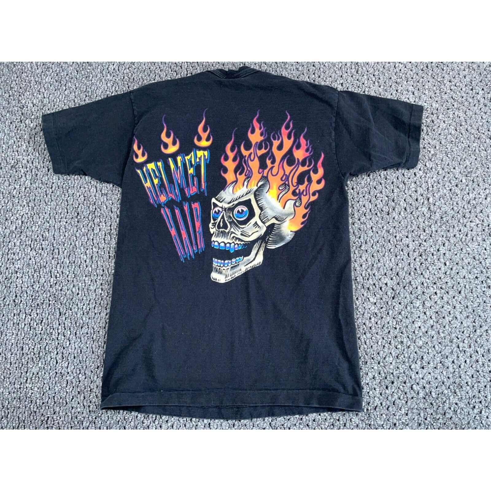 image of Vintage VTG Suzuki Helmet Hair T-Shirt Adult Large Black Flaming Skull Single Stitch in White, Men'