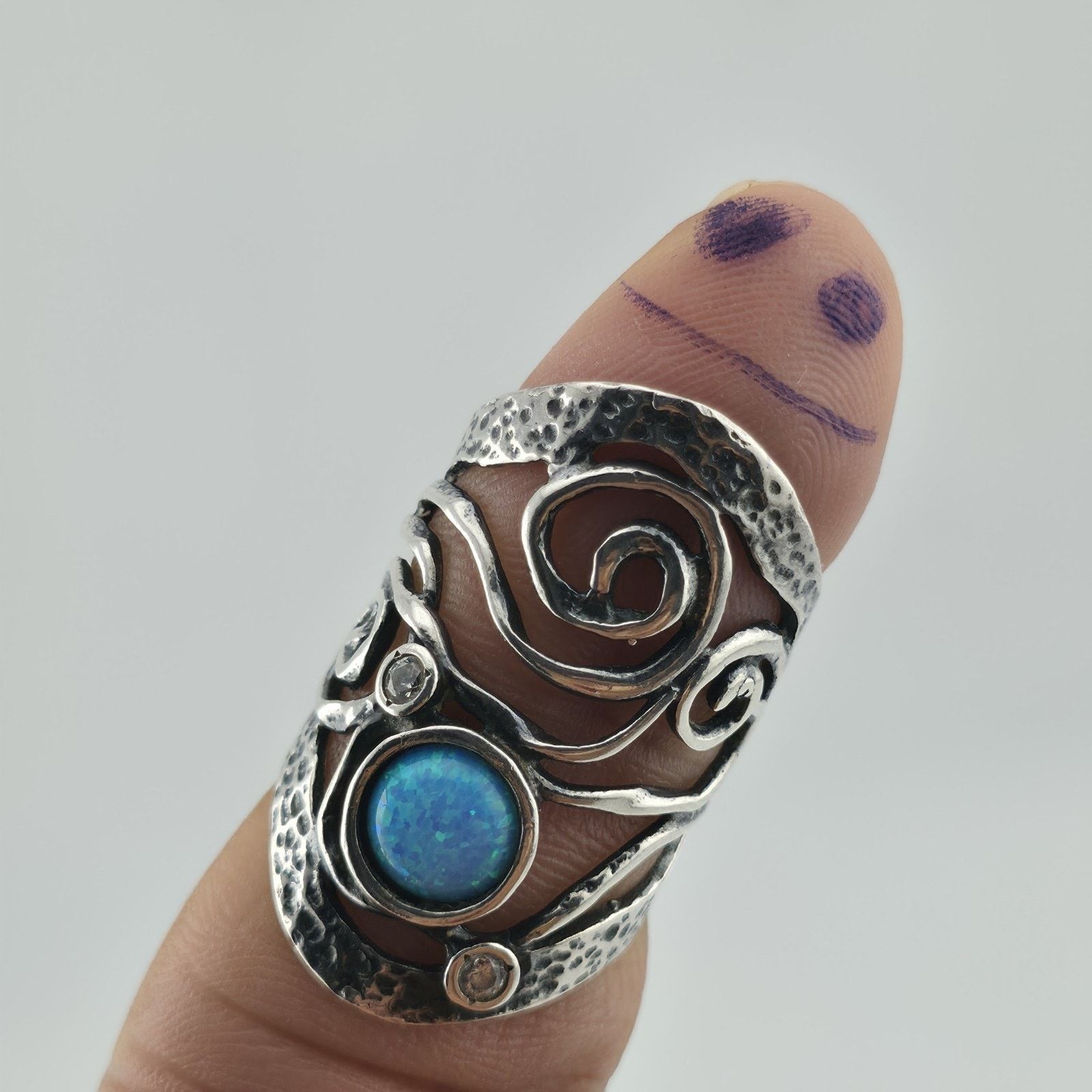 Other Israel Sterling Silver Ring 8 Blue Opal Wide Band Abstract Size ONE SIZE - 1 Thumbnail