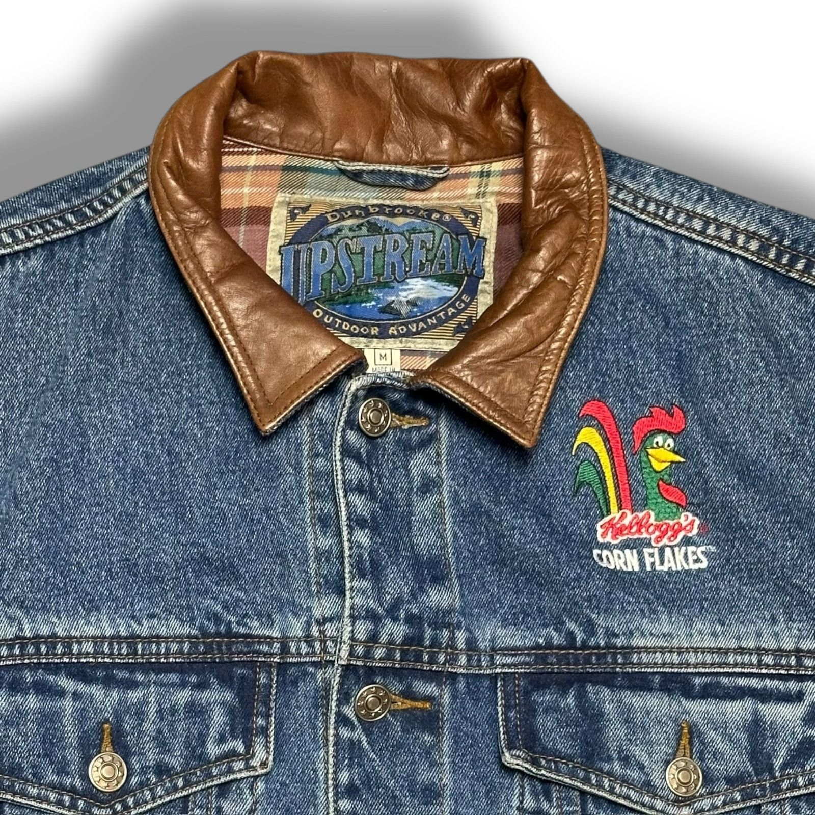 Vintage 90s Upstream Denim Jacket Leather Kelloggs Corn Flakes Size US M / EU 48-50 / 2 - 2 Thumbnail