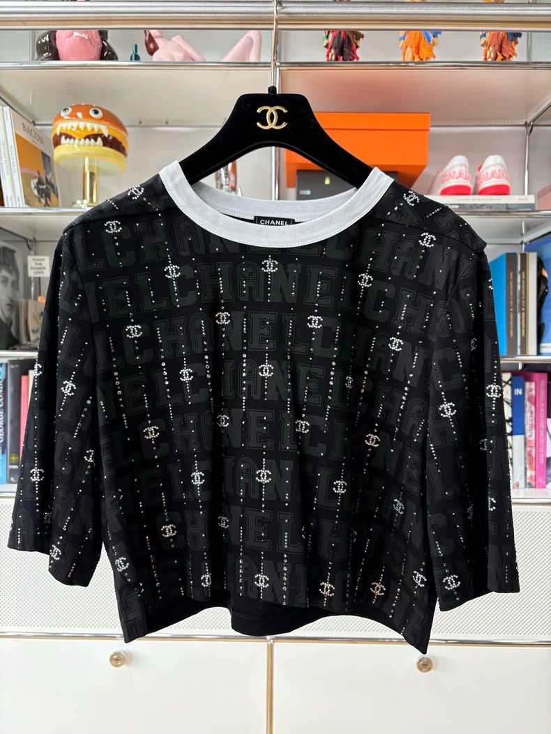 Chanel Chanel 23c black full-print rhinestone logo short-sleeved Size S / US 4 / IT 40 - 1 Thumbnail