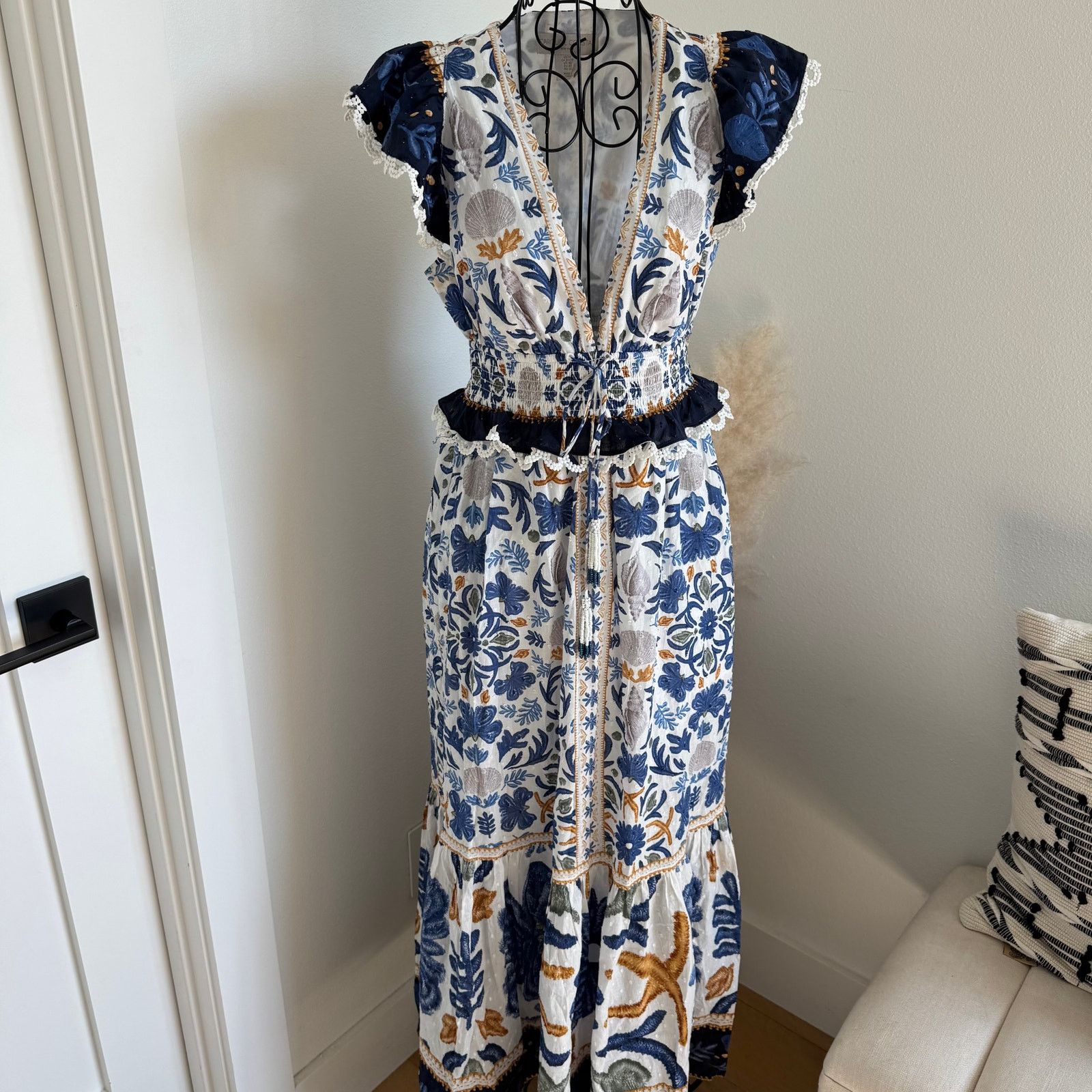 CAROLINE CONSTAS Caroline Constas Blue Floral Tapestry Ruffle Maxi Dress Size XS / US 0-2 / IT 36-38 - 1 Thumbnail