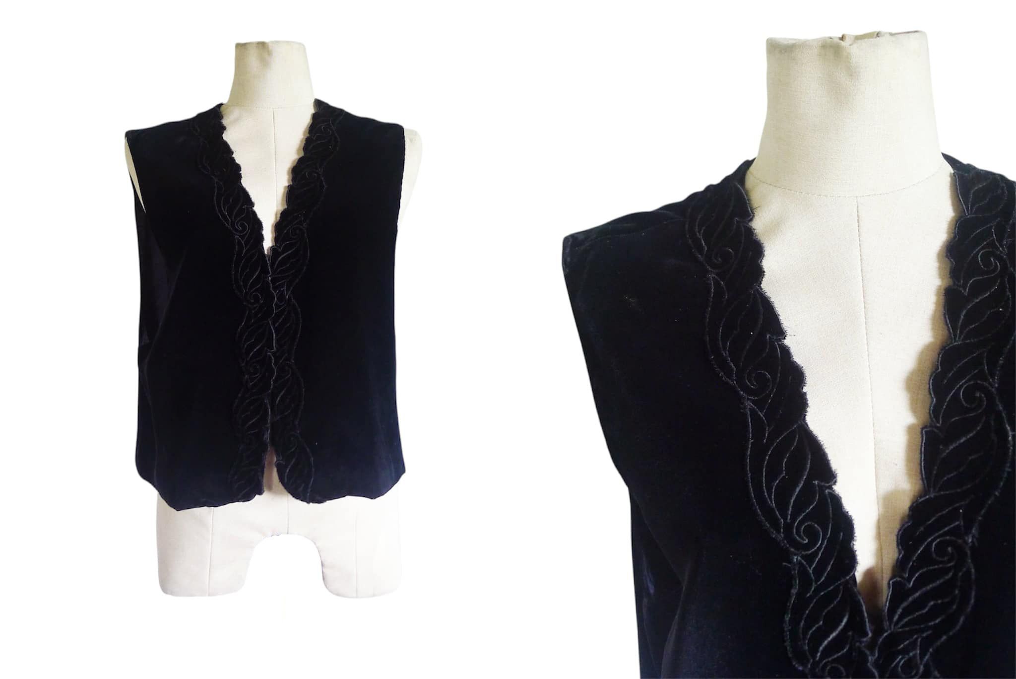 Vintage Black Velvet Woman open Vest Scallop trim, Western Size ONE SIZE - 2 Thumbnail