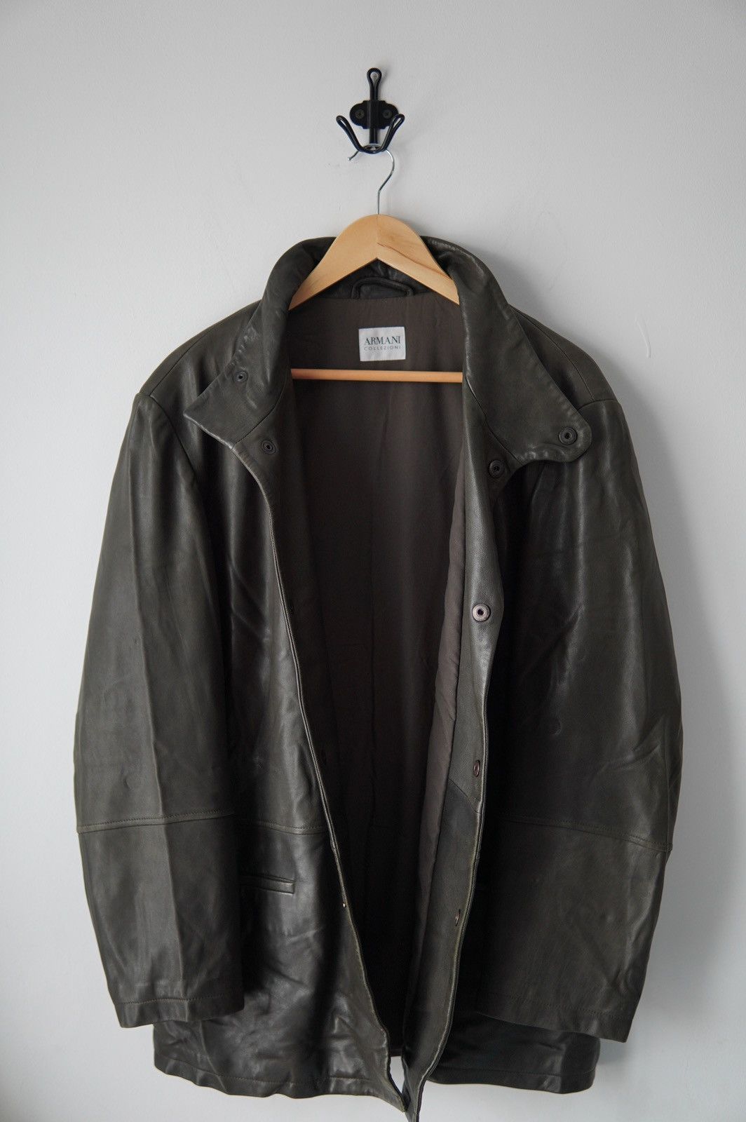 Armani Collezioni 1990s Armani Collezioni Runway Olive Leather Jacket Size US L / EU 52-54 / 3 - 3 Thumbnail