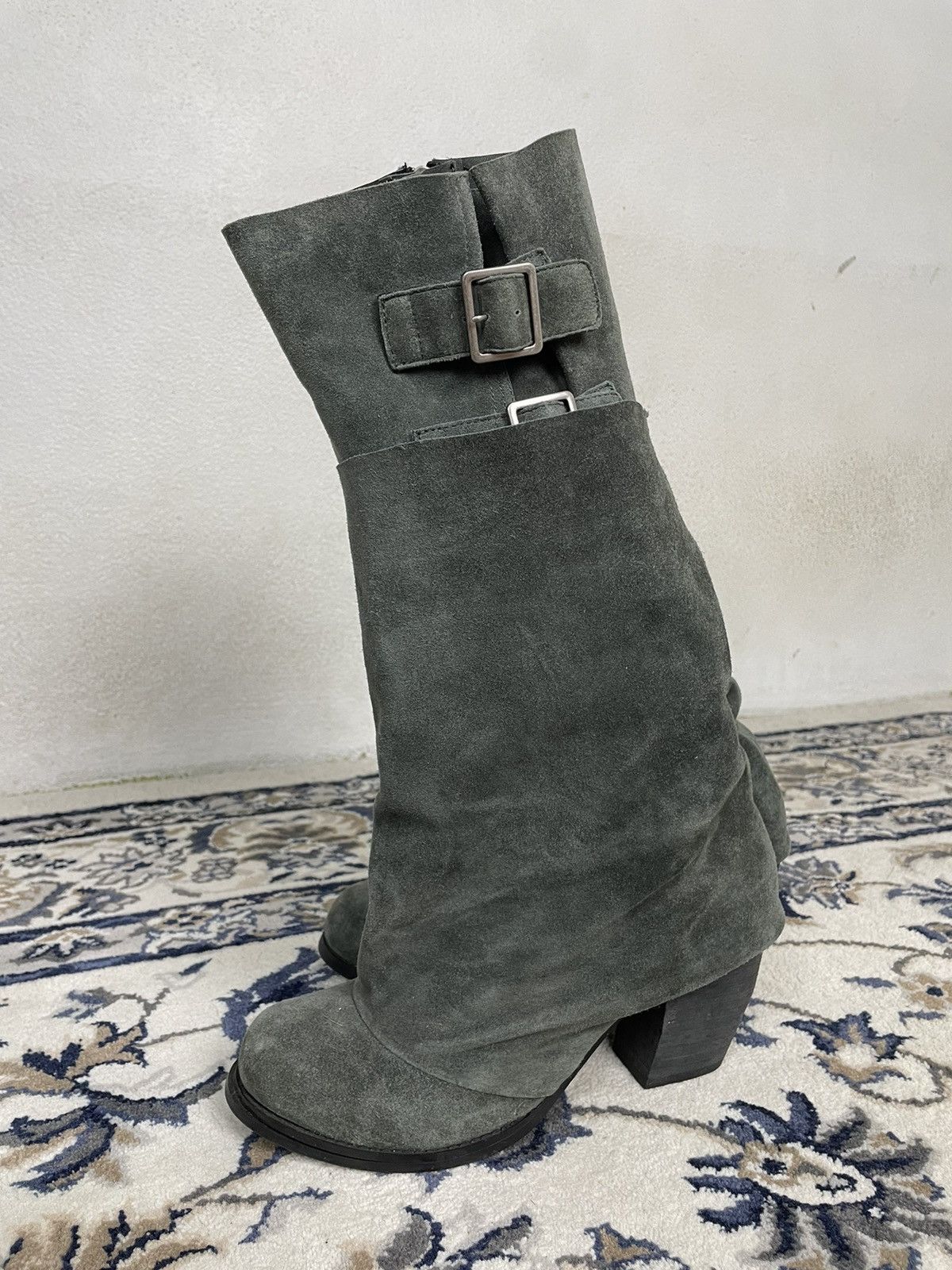 image of By Issey Miyake Layered Suede Leather Boots in Grey, Women's (Size 7)