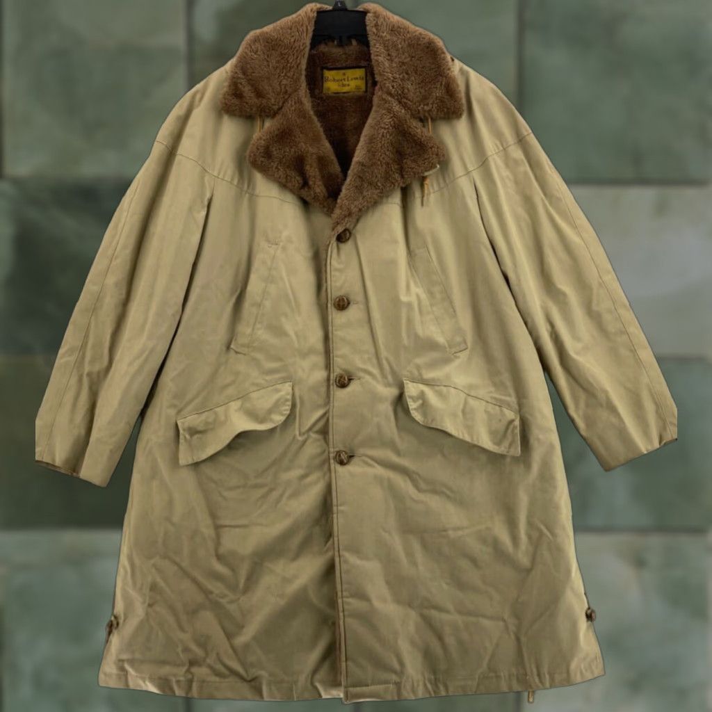 IDEA VTG A Robert Lewis Idea Coat Mens 42 Khaki Beige Faux Fur Lined HEAVY Overcoat 80s Vintage Cotton Blend Winter Button Size US XS / EU 42 / 0 - 1 Thumbnail