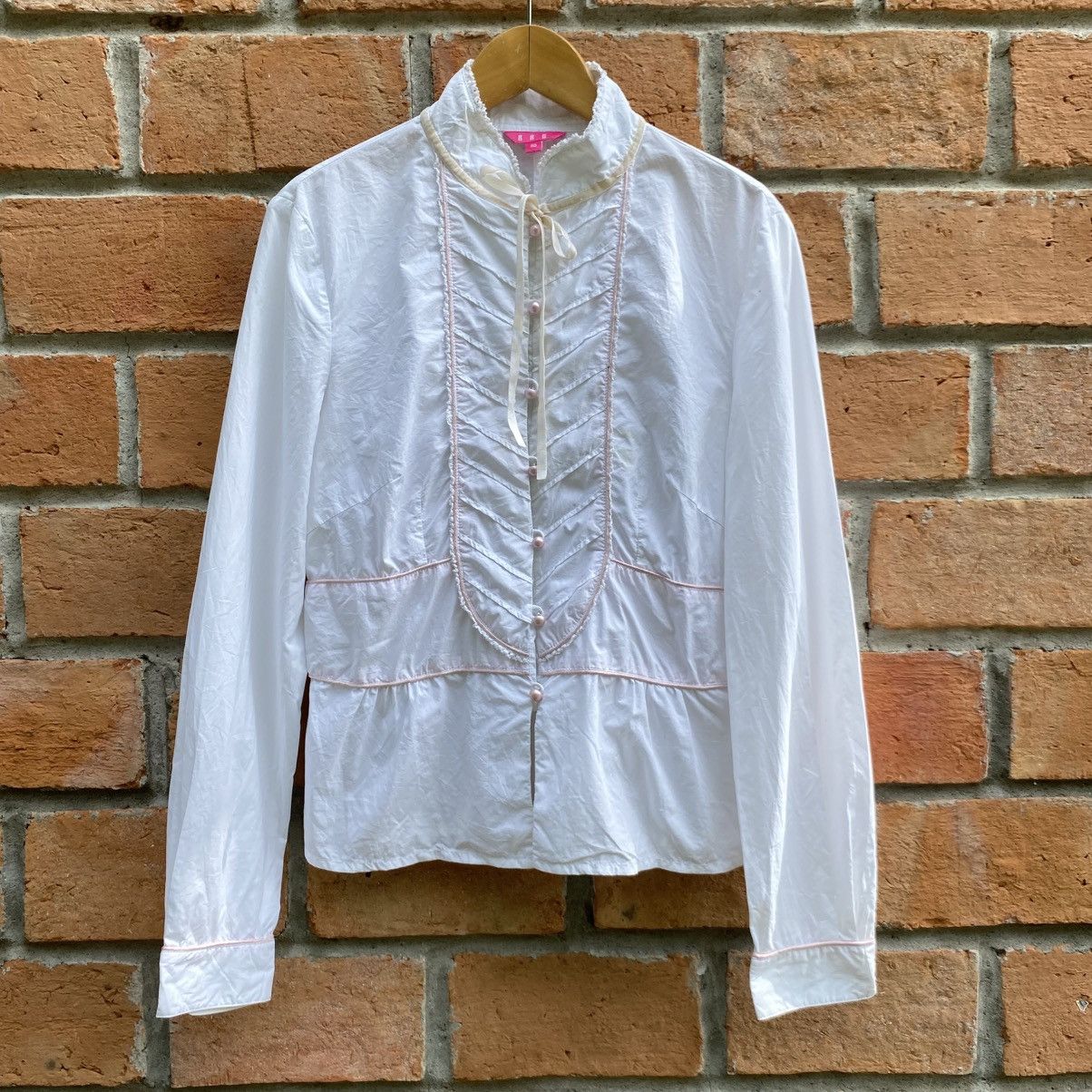 Japanese Brand B R G Y2K Punk Long Sleeve Ruffled Blouse with Pink Trim Size S / US 4 / IT 40 - 4 Thumbnail