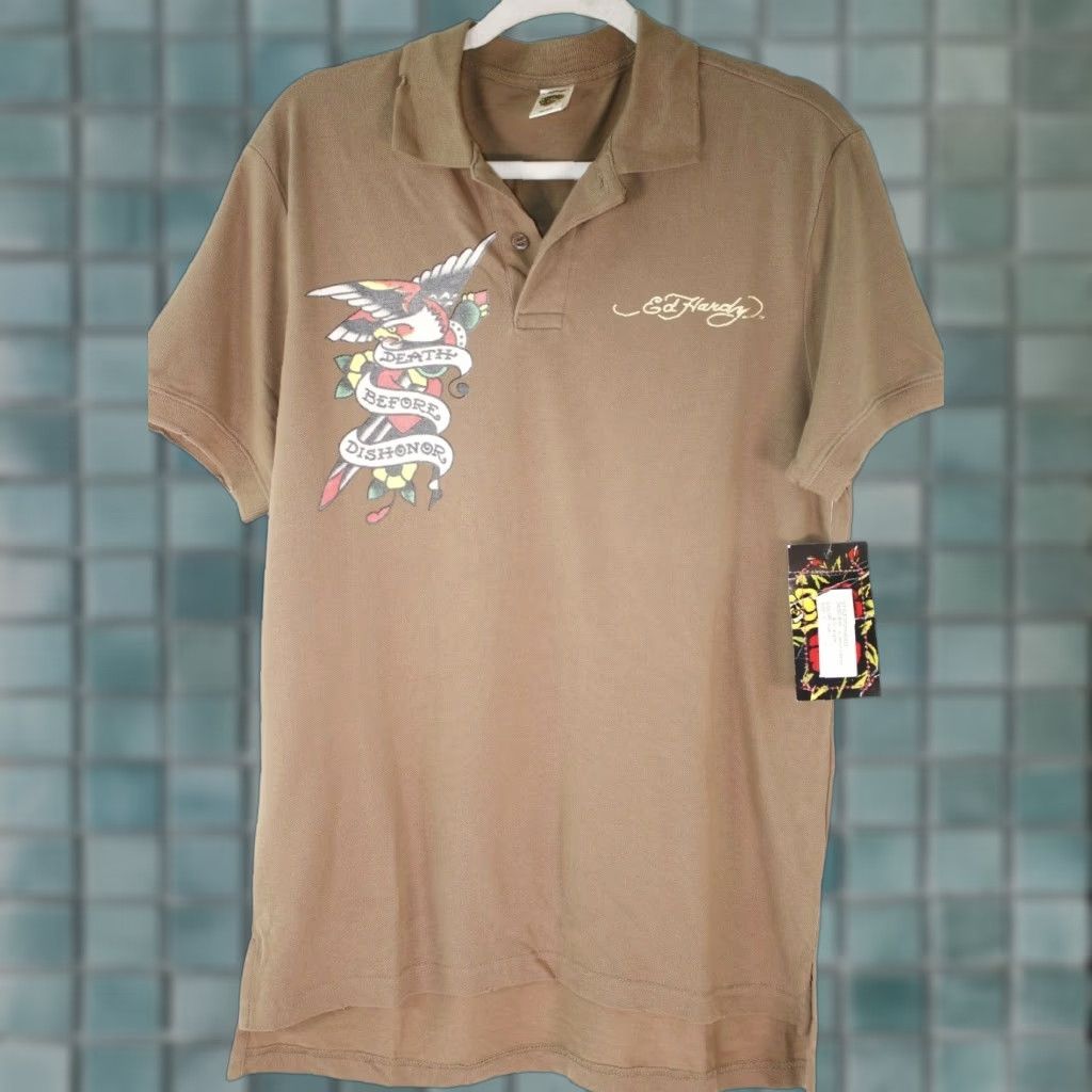 Ed Hardy VINTAGE Ed Hardy Sport Polo Mens L Brown Death Before Dishonor NWT Knit/Quilted/ Breathable Size L / US 10 / IT 46 - 1 Thumbnail