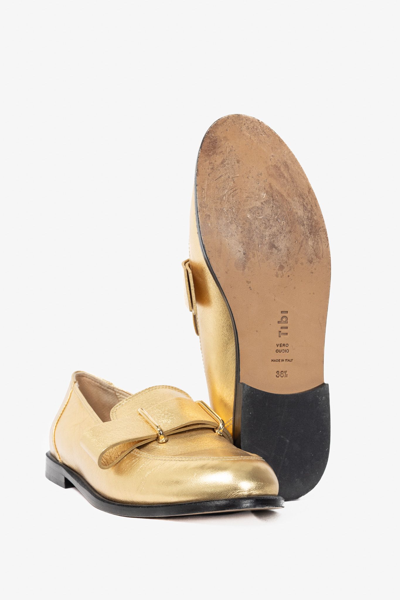 Tibi Tibi Morris Metallic Gold Leather Strap Loafers Size US 8 / IT 38 - 5 Thumbnail