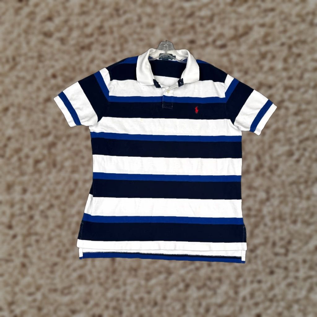 VINTAGE Ralph Lauren Polo Shirt Men XL Blue Stripe Short Sleeve Polo Shirt Adult XL Blue Stripe 70s 80s 90s American Sports Mens