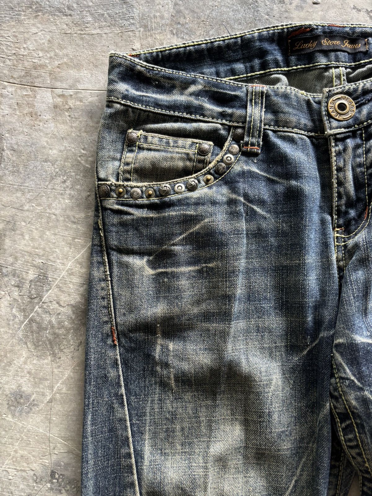 Tornado Mart FLARE LUCKY STORE JEANS JAPANESE DENIM STUDDED RUSTY MUDWASH Size US 31 - 11 Thumbnail