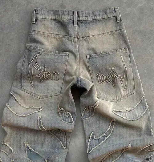 Designer × Japanese Brand × Jean Retro Raw Edge Embroidery Baggy Jeans Size US 32 / EU 48 - 4 Thumbnail