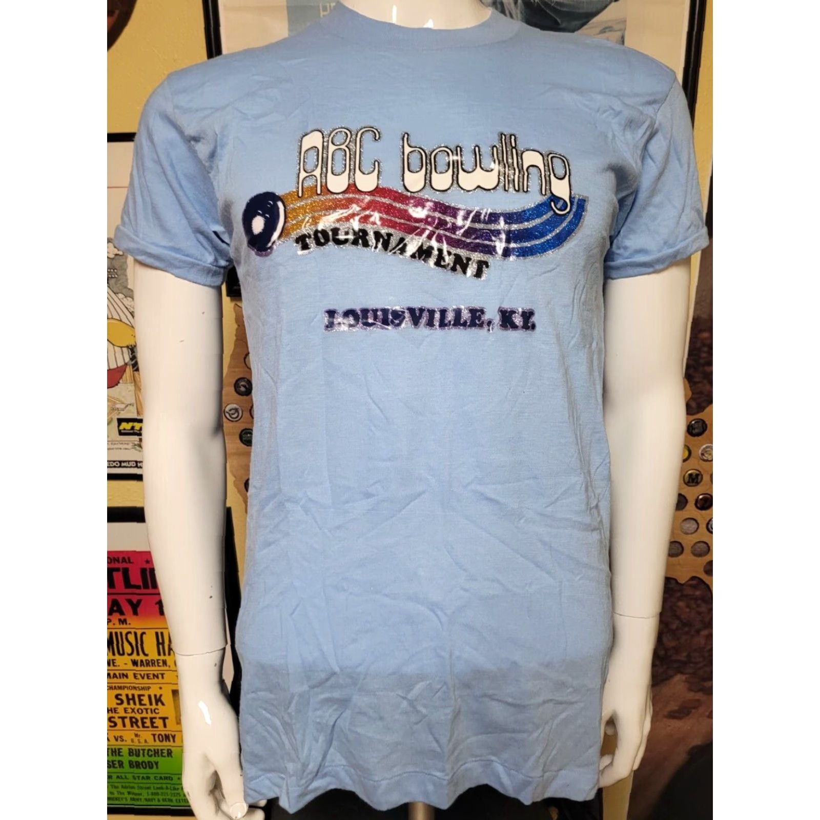 Vintage VTG 1980 ABC Bowling Tournament Louisville KY T Shirt Large Devknit Men Blue Cotton Blend Logo 80s Graphic Tee Shirt Size US L / EU 52-54 / 3 - 2 Thumbnail