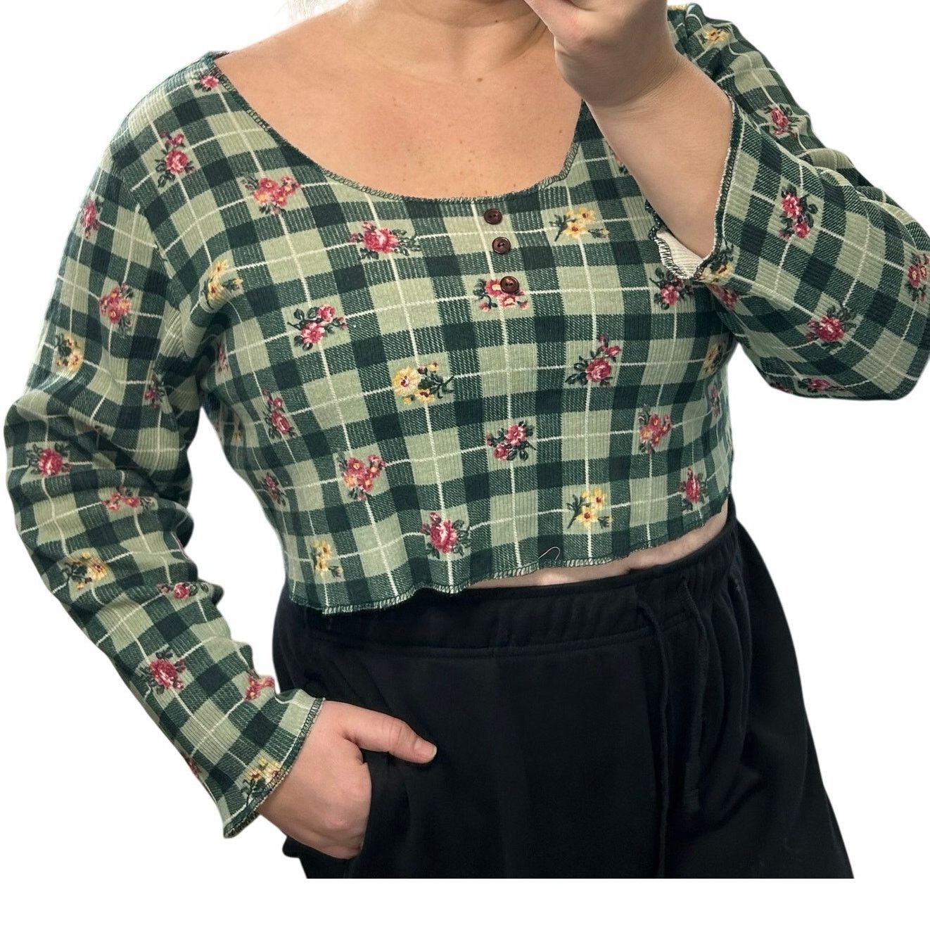 Vintage Vintage Plaid 90s Crop Top Ribbed Knit Floral Cottagecore Size XL / US 12-14 / IT 48-50 - 2 Thumbnail