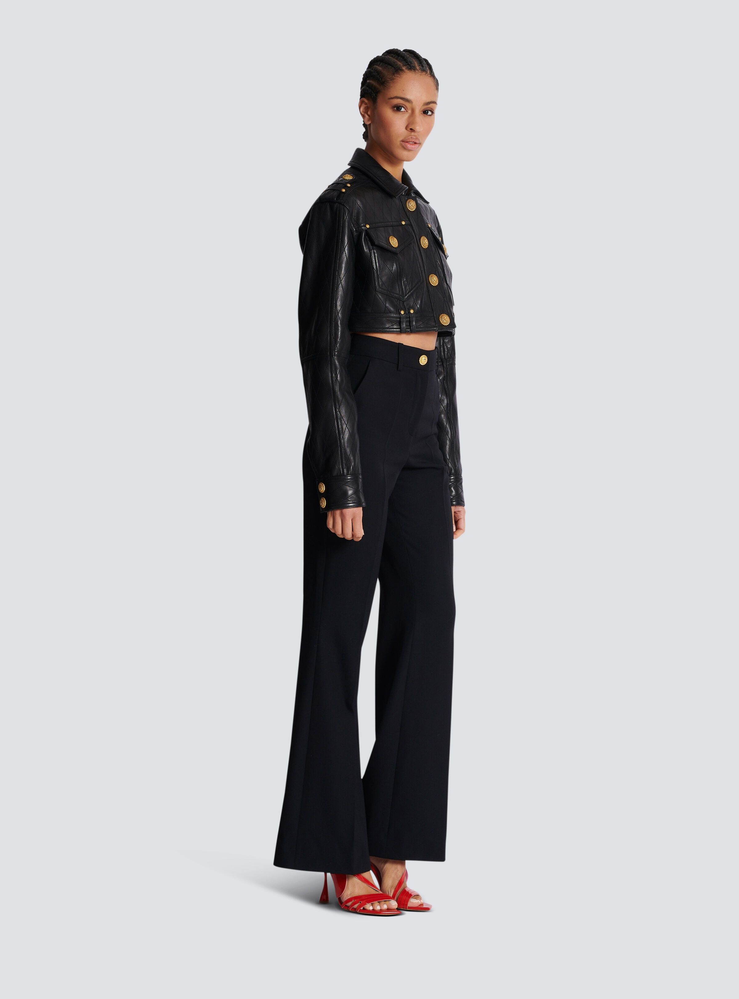 Balmain o1s1wg110725 Topstitched Cropped Leather Jacket in Black Size L / US 10 / IT 46 - 5 Thumbnail