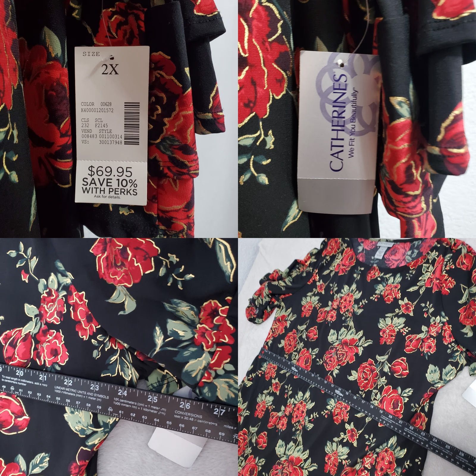 Vintage Catherines Dress Womens 2X Black Floral Ruffle Sleeve Pullover Knee Length Round Neck Womens Size XXL / US 16-18 / IT 52-54 - 8 Thumbnail