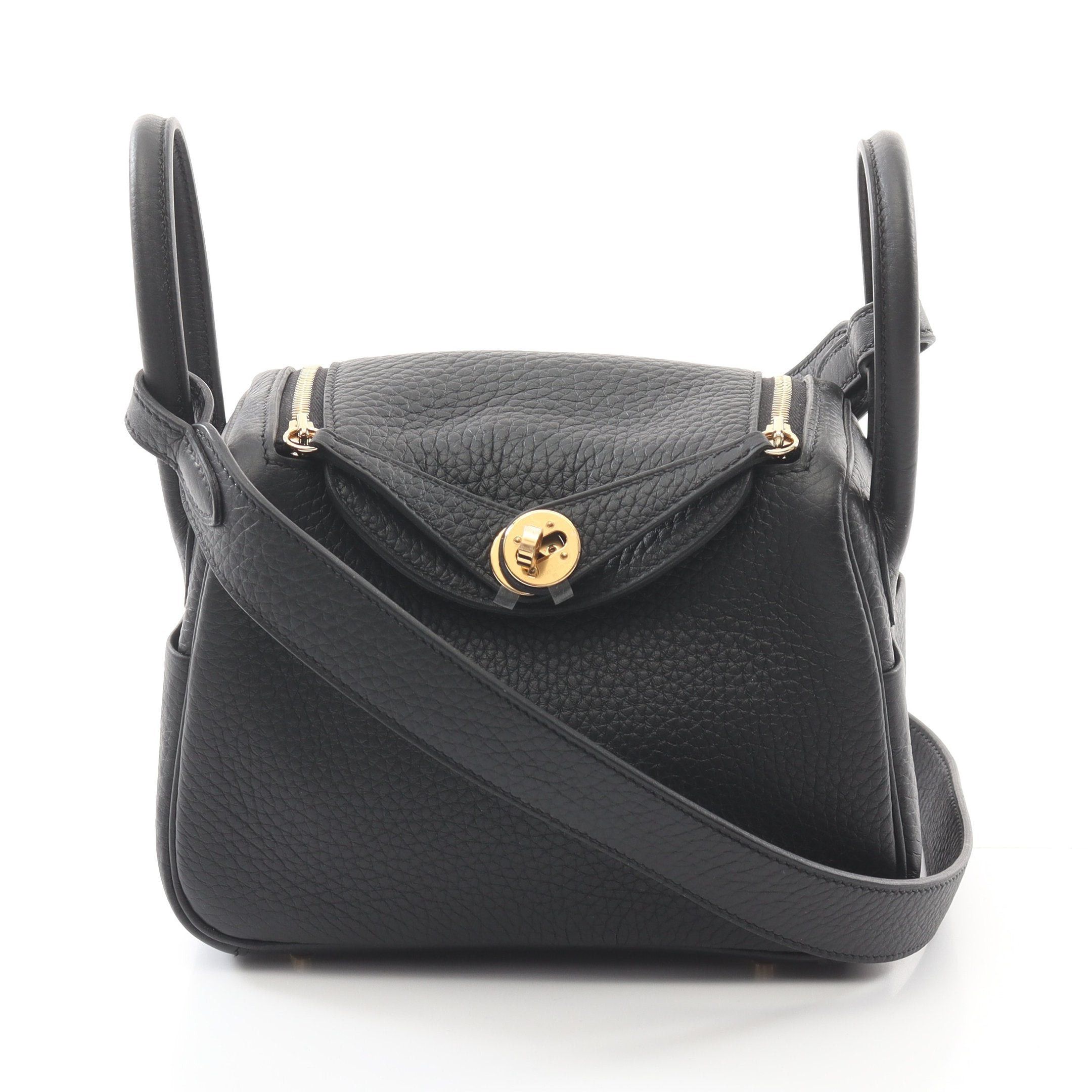 Hermes Lindy Mini Shoulder Bag Clemence Leather Black Gold Hardware Double Engraved, Women's
