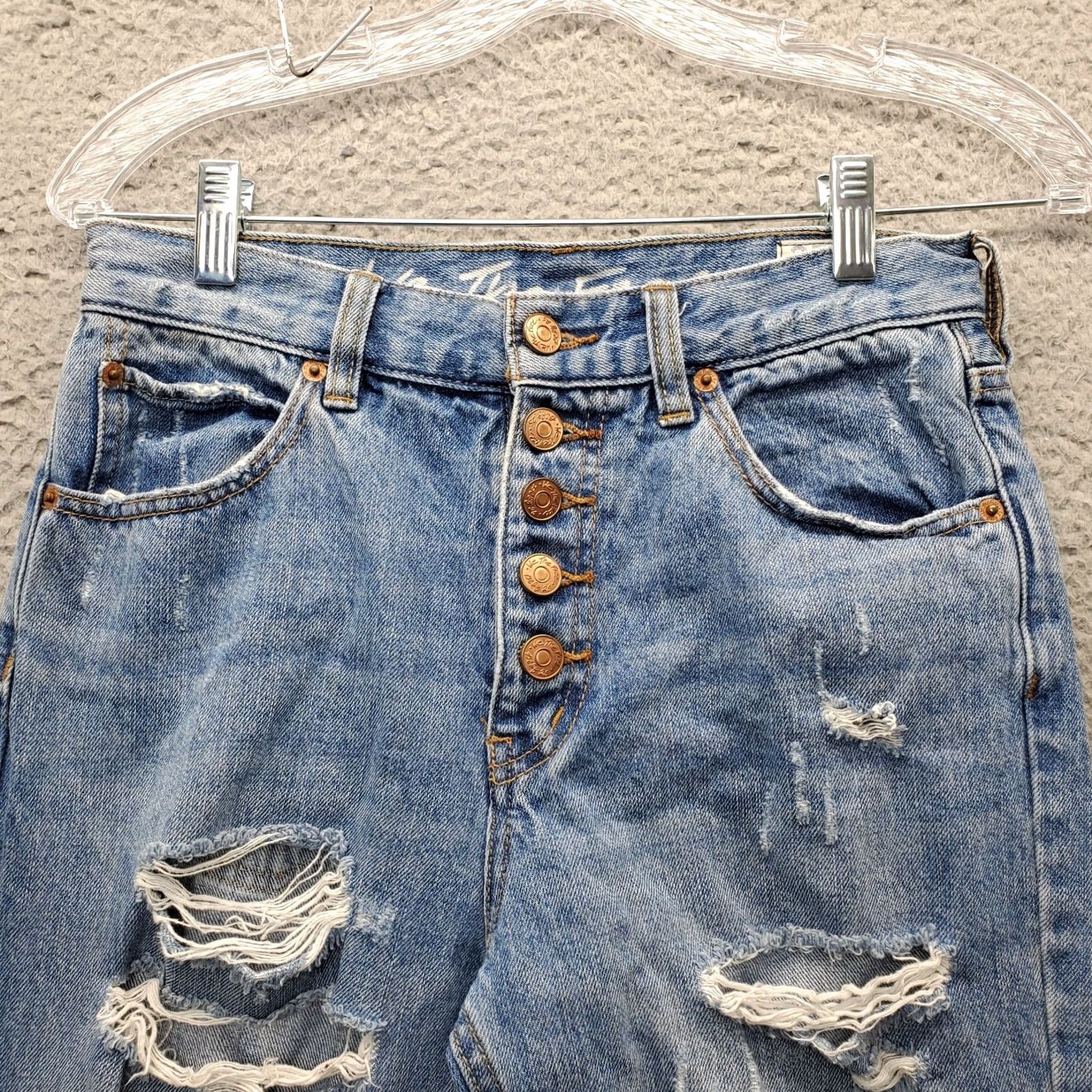 Free People Free People We The Free Jeans Womens 25 Blue Denim Regular Distressed High Rise Button Fly Size 42" / US 20 - 3 Thumbnail