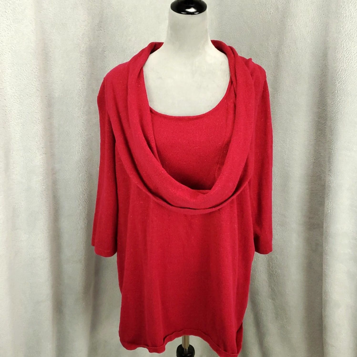 Vintage Catherines Sweater Shirt Womens 2X Dark Pink Cowl Draped Neck Tunic 3/4 Sleeve Knit Lightweight Stretch Size XXL / US 16-18 / IT 52-54 - 2 Thumbnail