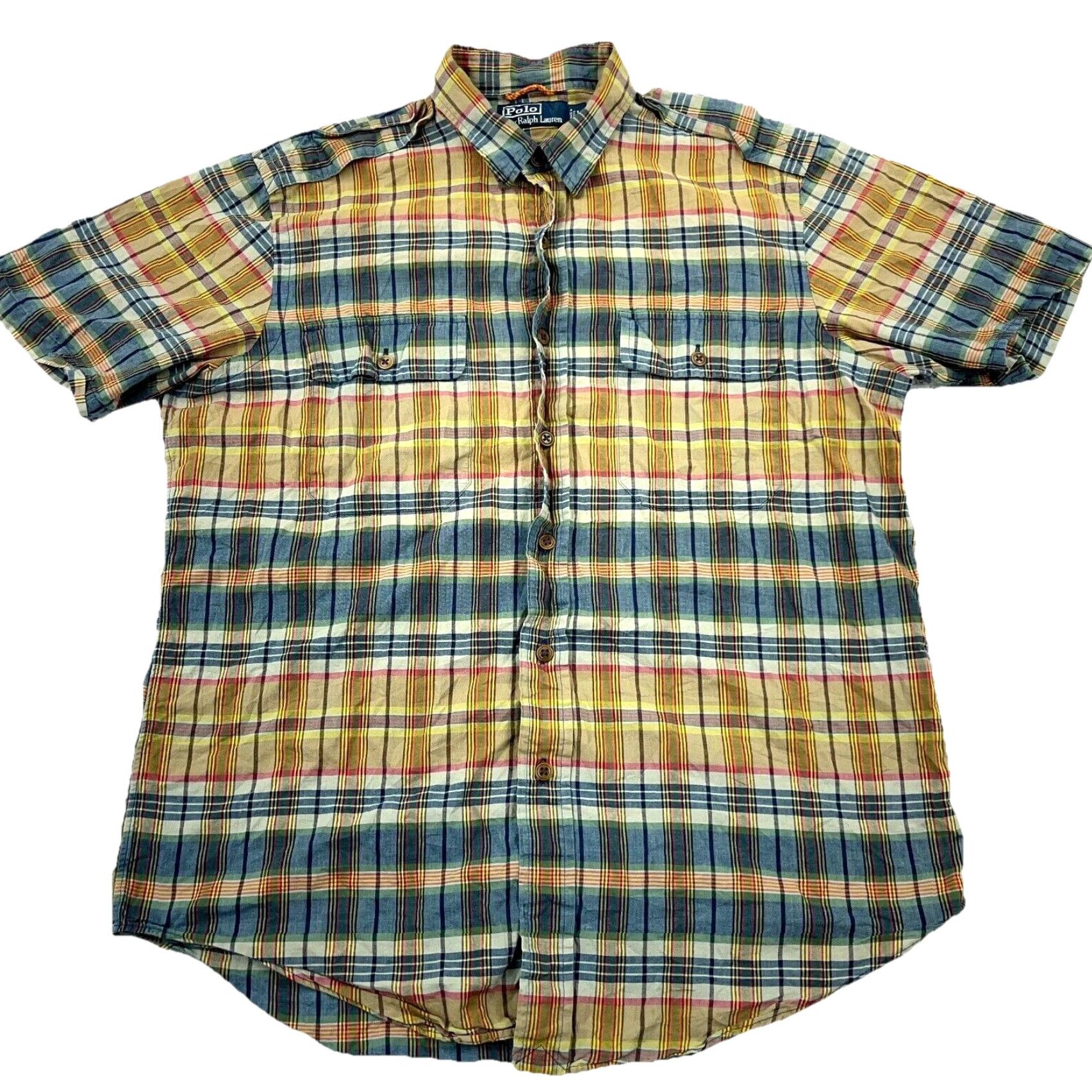 Polo Ralph Lauren Polo Ralph Lauren Shirt Men Large Green Blue Madras Plaid Button Up Epaulettes Button-Up Collar Down Sleeve Short Plaid Size US L / EU 52-54 / 3 - 2 Thumbnail