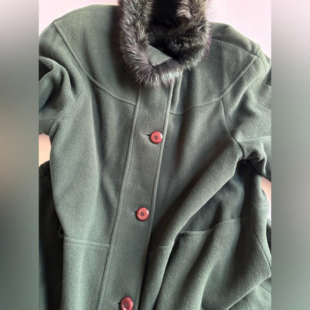 Designer Vintage Green Wool Coat with raccoon fur Size XL / US 12-14 / IT 48-50 - 4 Thumbnail