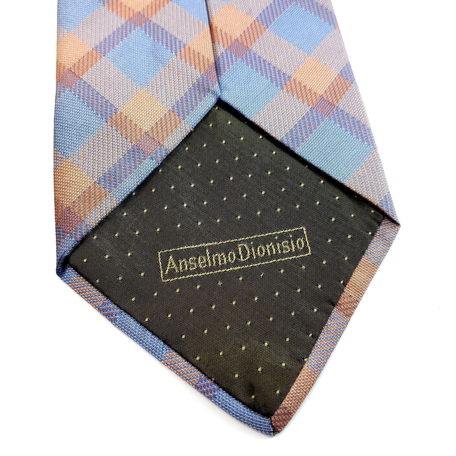 Designer Anselmo Dionisio Orange Blue Plaid Woven Wide Silk Tie Size ONE SIZE - 4 Thumbnail