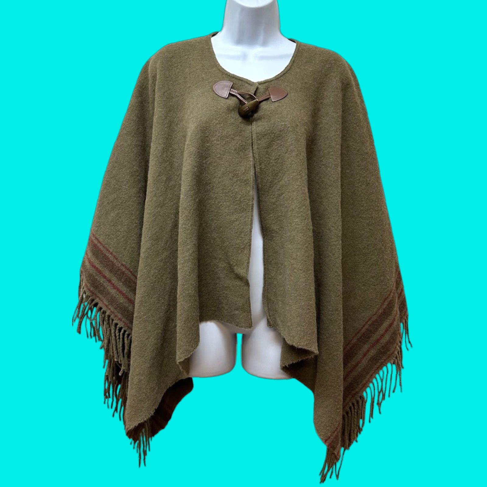 VINTAGE Lauren Ralph Lauren Wool Fringe Poncho Cape One Size Olive