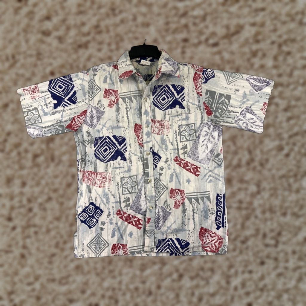 Vivobarefoot VINTAGE Go Barefoot Hawaiian Shirt Mens L Gray Blue Red Hawaiian 90's Button Size US L / EU 52-54 / 3 - 1 Thumbnail