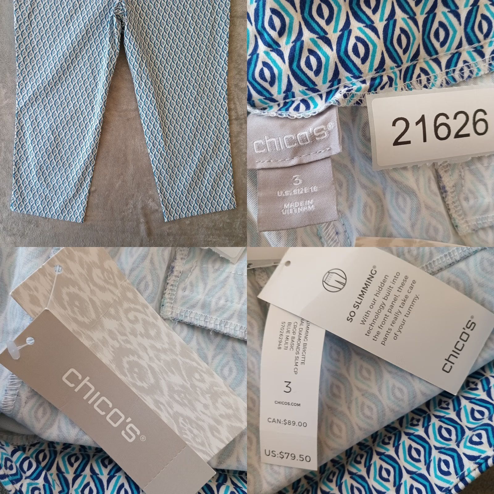 Vintage Chico's Capri Pants Womens US Size 16 Blue Geometric Pull On Stretch 38x23 New Size 38" / US 16 / IT 52 - 8 Thumbnail