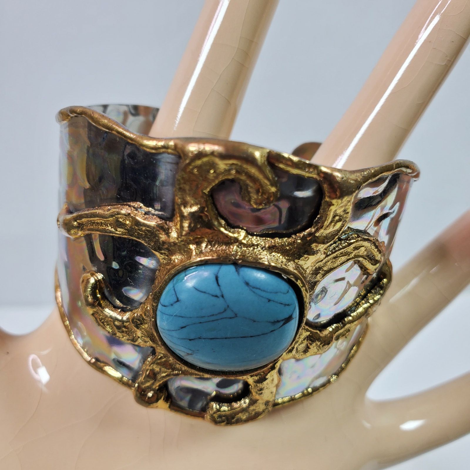 The Unbranded Brand Vintage Style Cuff Bracelet Silver & Gold Tone w/ Blue Stone Size ONE SIZE - 5 Thumbnail