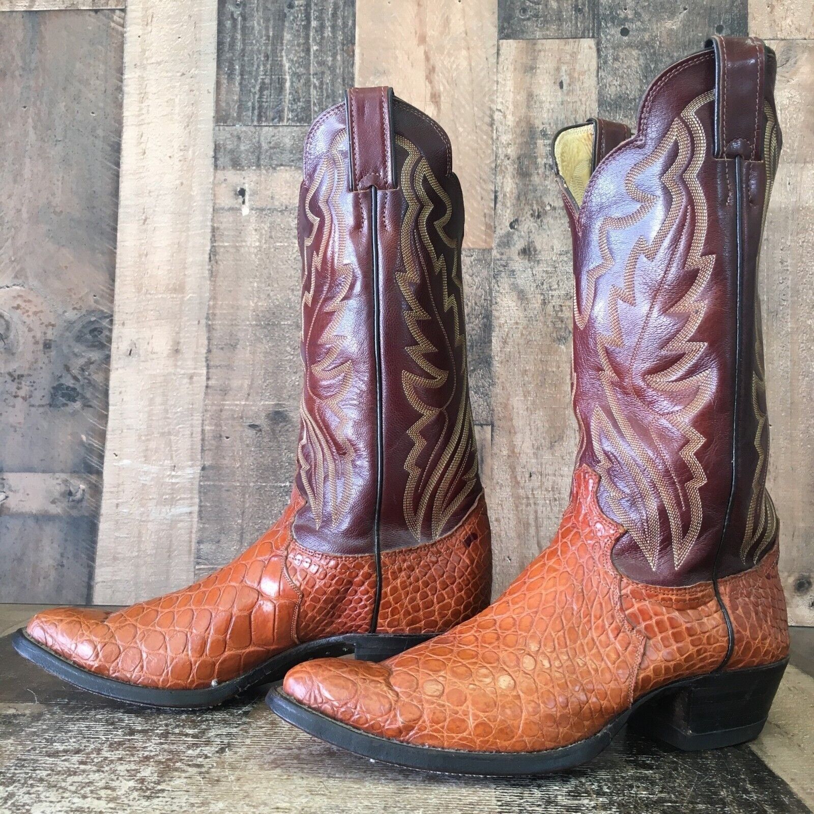 image of Justin Boots Justin X0302 Vintage Alligator Cowboy Boots Mens 8.5 D in Brown