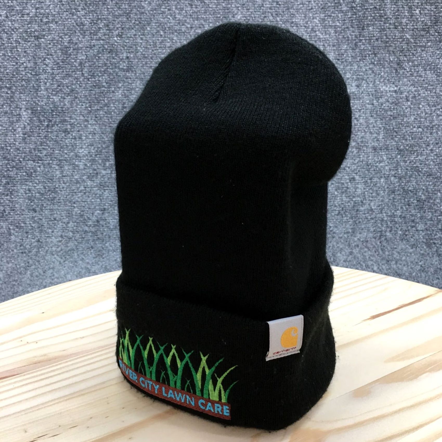 Carhartt Carhartt Beanie Hat Mens One Size Black Embroidered Logo River City Lawn Care Knit Cap Size ONE SIZE - 2 Thumbnail