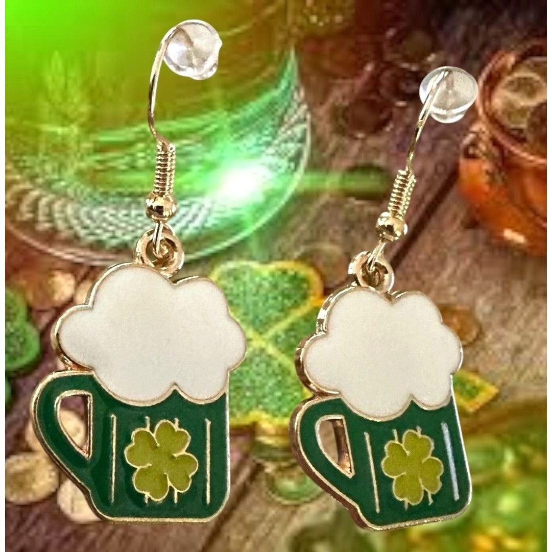 Handmade St Patricks Day Earrings Beer Four Leaf Clover Dangle Hooks Size ONE SIZE - 1 Thumbnail