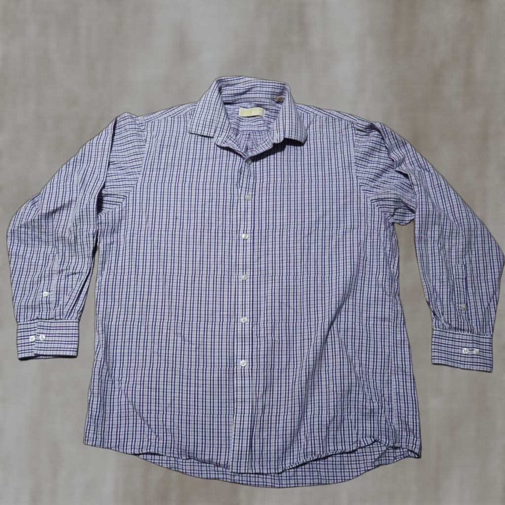 Michael Kors VINTAGE Michael Kors Men's Casual Cotton Check Button-Down Shirt Long Sleeve Size 17 Purple Size 46R - 1 Thumbnail